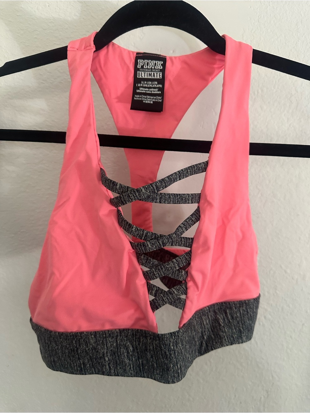 PINK Victoria's Secret Coral Pink & Heather Gray Strappy Sports Bra